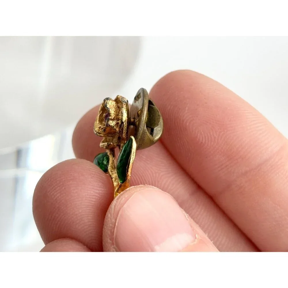 Gold Toned Rosebud Green Enameled Vintage Cute Costume Jewelry Brooch